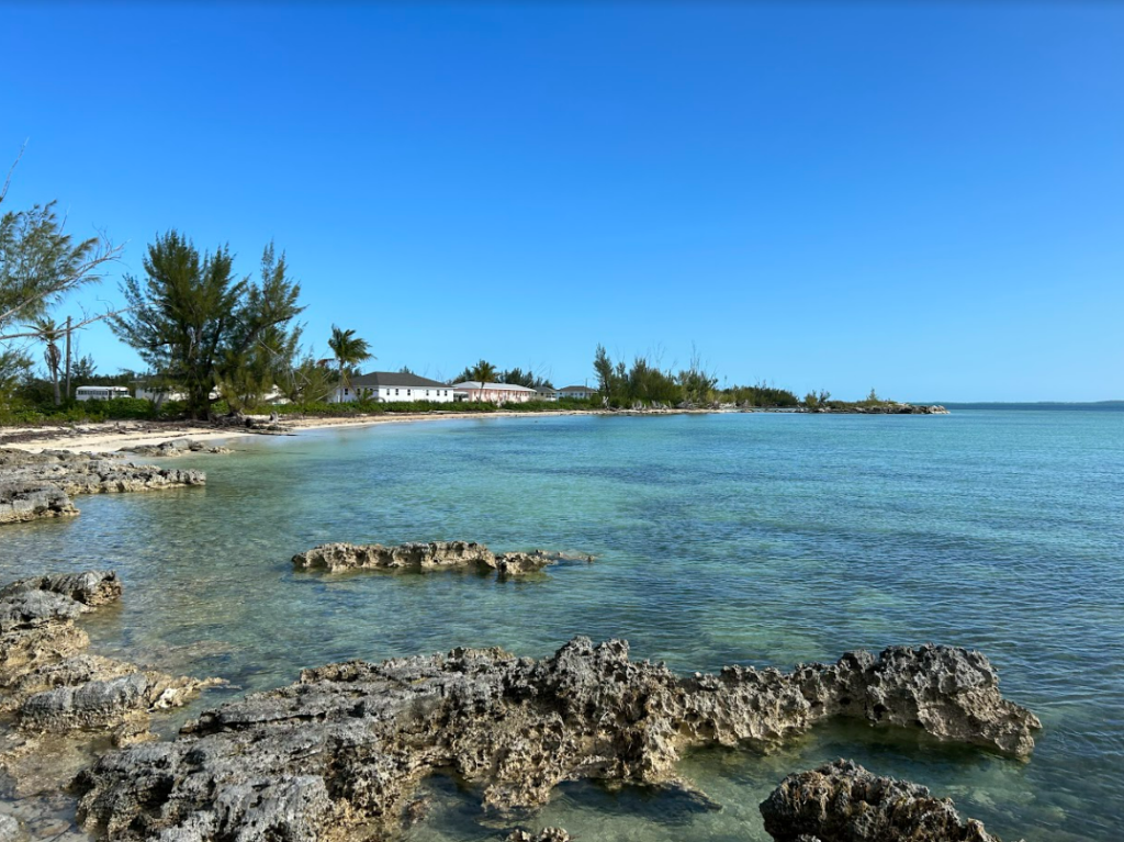 The blue water under the blue cloudless sky on the rocky shore of Camp Abaco